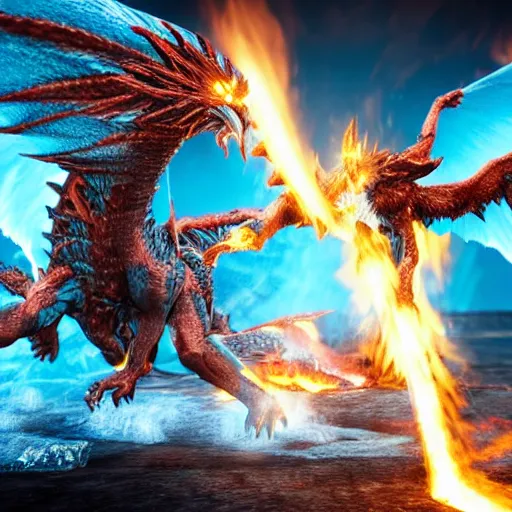 Image similar to ice Phoenix fighting against fire dragon, 8k, Unreal engine, realistic