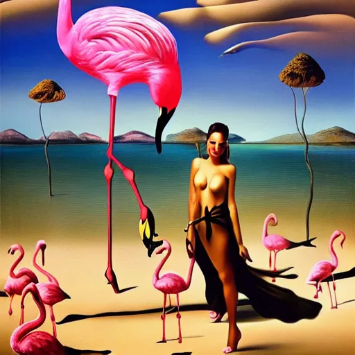 Image similar to A surreal oil painting of a puzzle containing a beautiful woman and Flamingos on a desert beach by Salvador Dali, dark vibes, high contrast, cinematic, depth of field