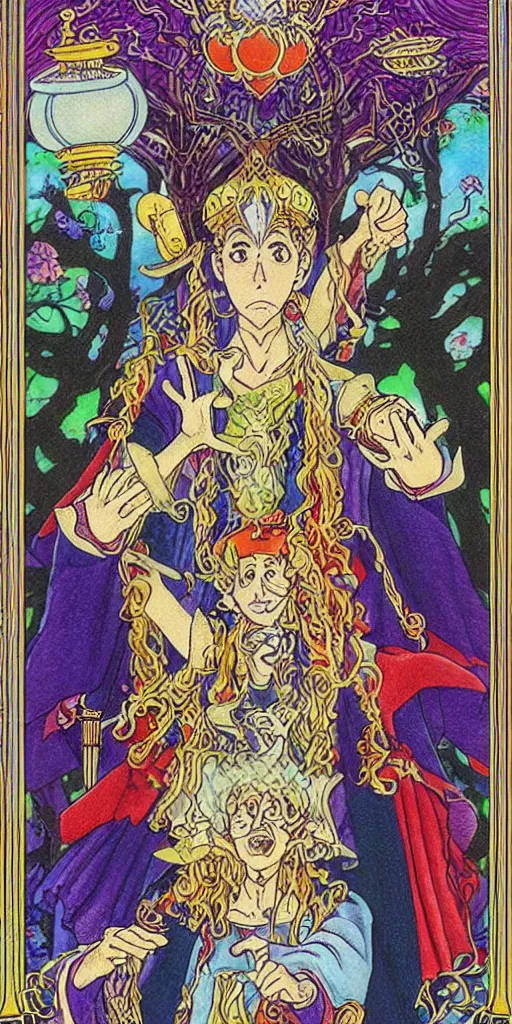 Image similar to a mystical man with a goblet on the table, wizard hat, drawn by Naoko Takeuchi, impressive line work, tarot card. tarot card the magician, psychedelic, intricate