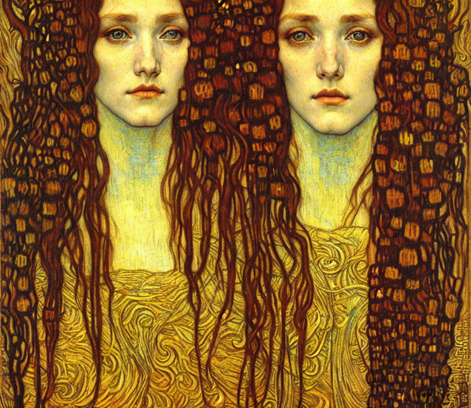 Image similar to detailed realistic beautiful young medieval queen face portrait by jean delville, gustav klimt and vincent van gogh, art nouveau, symbolist, visionary, gothic, pre - raphaelite, muted earthy colors, desaturated