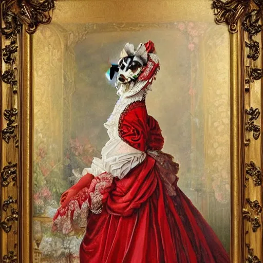 Image similar to a majestic oil painting of a raccoon queen wearing red french royal gown. the painting is hanging on an ornate wall decorated with wallpaper.