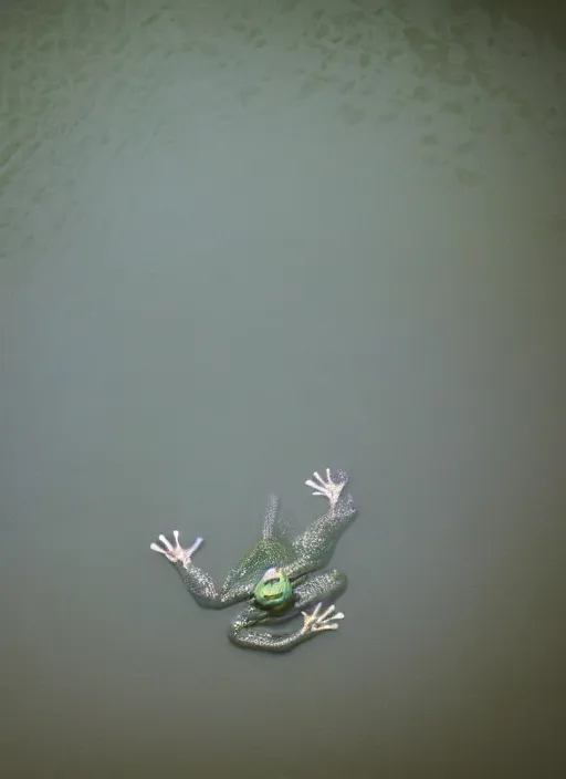 Image similar to semi translucent smiling frog amphibian hovering over misty lake in Jesus Christ pose, cinematic shot by Andrei Tarkovsky, paranormal, spiritual, mystical