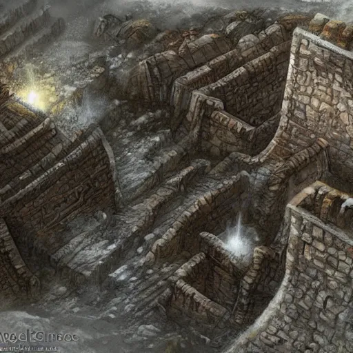 Image similar to fantasy concept art, walled city built into a labyrinth, icy mountains nearby, 8k, high detail