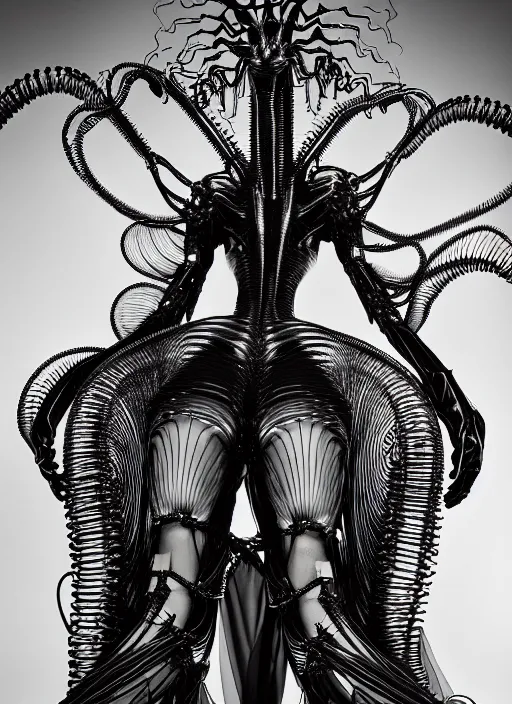 Image similar to walking down the catwalk, show, stage, vogue photo, podium, fashion show photo, historical baroque dress, iris van herpen, beautiful woman, full body shot, masterpiece, inflateble shapes, alien, giger, plant predator, guyver, jellyfish, wires, veins, white biomechanical details, wearing epic bionic cyborg implants, highly detailed