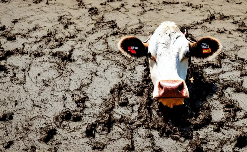 Prompt: a cow stuck in mud, minimalist photography
