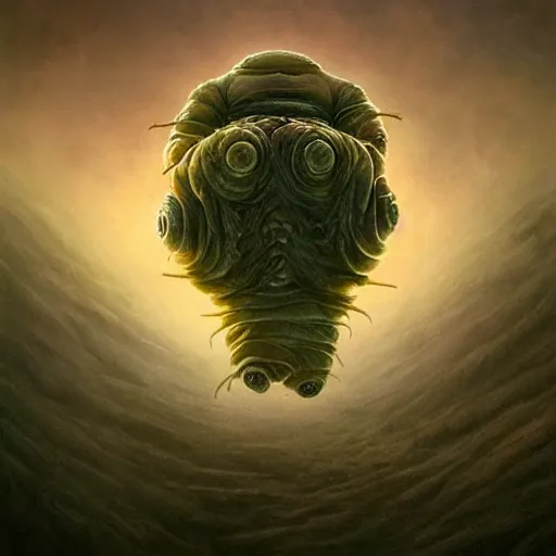 Image similar to fractal tardigrade!!! terror and horror painting tardigrade!!! descending onto an apocalyptic earth, by greg rutkowski and studio ghibli, inspired by zdzisław beksinski, cinematic, atmospheric, dramatic colors, dawn.