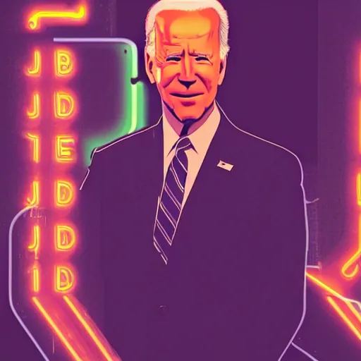 Image similar to Joe Biden, robotic, cyberpunk, cyborg, neon lights, glowing eyes