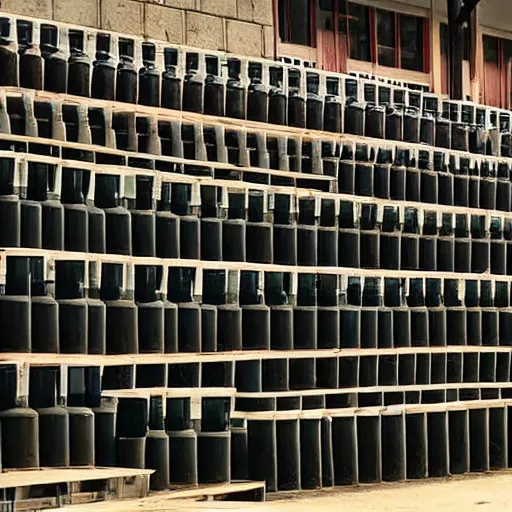 Prompt: a set of bleachers, with bottles of bleach stacked neatly on the benches