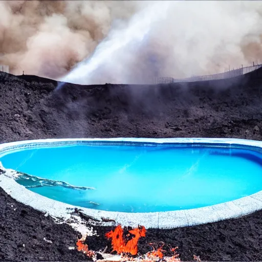 Image similar to A photo of a blue beautiful pool in the middle of infierno,hell, fire, lava in 85mm lense, artistic, highly realistic, super detailed, very very detailed, very ahestetic