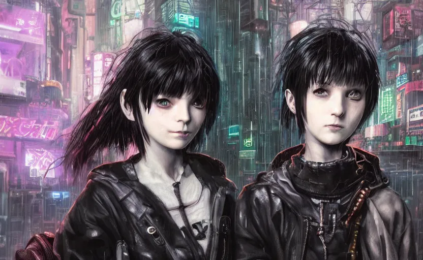 Image similar to an epic fantasy comic book style portrait painting of an extremely cute and adorable very beautiful cyberpunk lain ( serial experiments lain ) and a very imposing industrial goth trent reznor in the rain, neon reflections, character design by mark ryden and pixar and hayao miyazaki, unreal 5, daz, hyperrealistic, octane render, cosplay, rpg portrait, dynamic lighting, intricate detail, cinematic