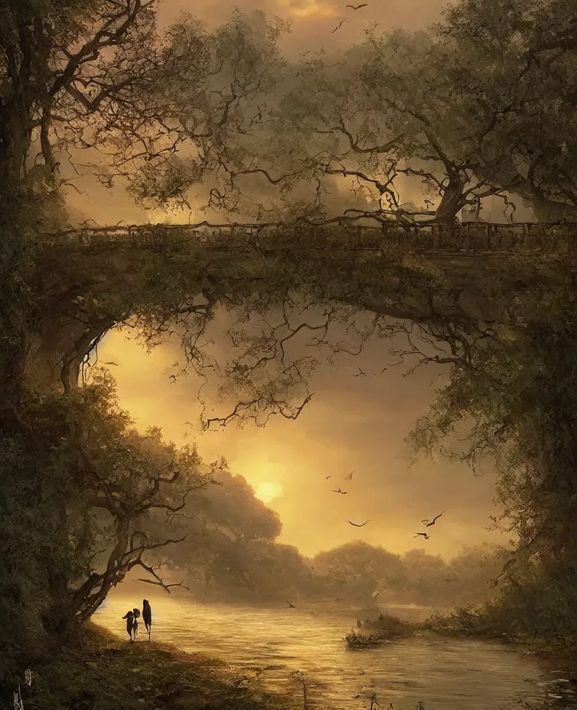 Image similar to small wooden cottage by the river, a tree with vines wrapped around it, two crows on the tree, tranquility, arch stone bridge over the river, an old man riding a horse on the bridge, sunset, by charlie bowater, by greg rutkowski