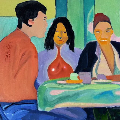 Image similar to The painting depicts two people, a man and a woman, sitting at a table. The man is looking at the woman with a facial expression that indicates he is interested in her. The woman is looking at the man with a facial expression that indicates she is not interested in him. There is a lamp on the table between them. by Emily Kame Kngwarreye, by Diego Dayer perspective