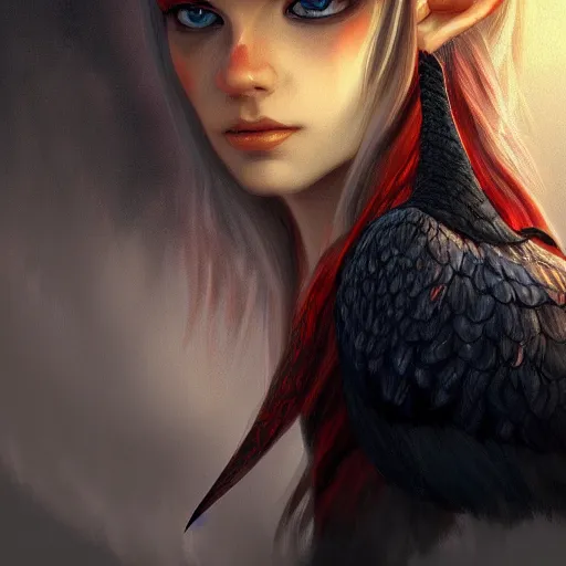 Image similar to portrait of darl elf, fantasy, blue eyes, calm expression, fantasy, thinking, raven in background, highly detailed, digital painting, gradient black charcoal red, concept art, smooth, b sharp focus, illustration, golden ratio 8 k