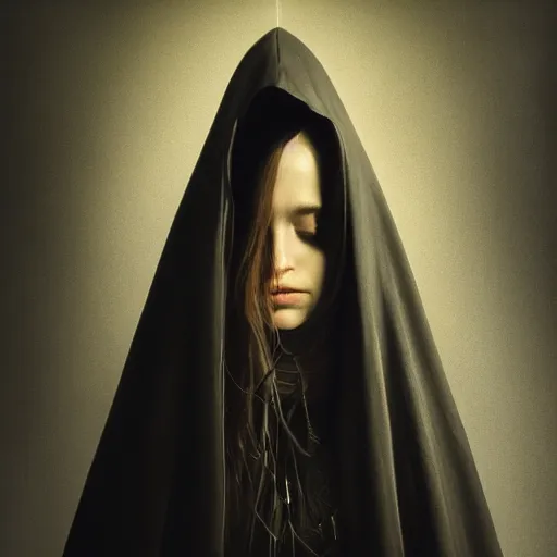 Image similar to a portrait of a young woman wearing a long dark cloak, hood and shadows covering face, anatomically correct, beautiful perfect face, enigmatic, oil painting, matte painting, black background, Volumetric Golden dappled dynamic lighting, Highly Detailed, Cinematic Lighting, Unreal Engine, 8k, HD, by Beksinski