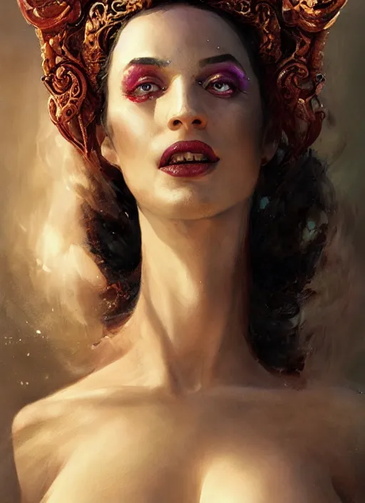 Prompt: a detailed body portrait of a elegantly dressed female tiefling dancing, queen of blades, a beautiful face, by dorian cleavenger, by greg rutkowski, by wlop, by astri lohne, by zdzisław beksinsk, by bastien lecouffe - deharme