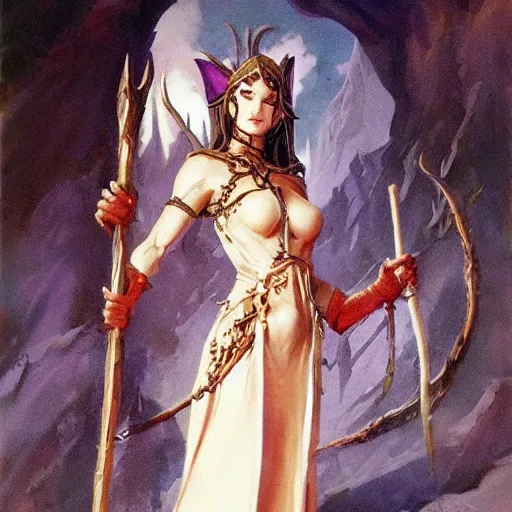 Image similar to elven sorceress character portrait by frank frazetta - wearing a dress, holding a staff, casting a spell, fantasy, dungeons & dragons, sharp focus, beautiful, artstation contest winner, detailed