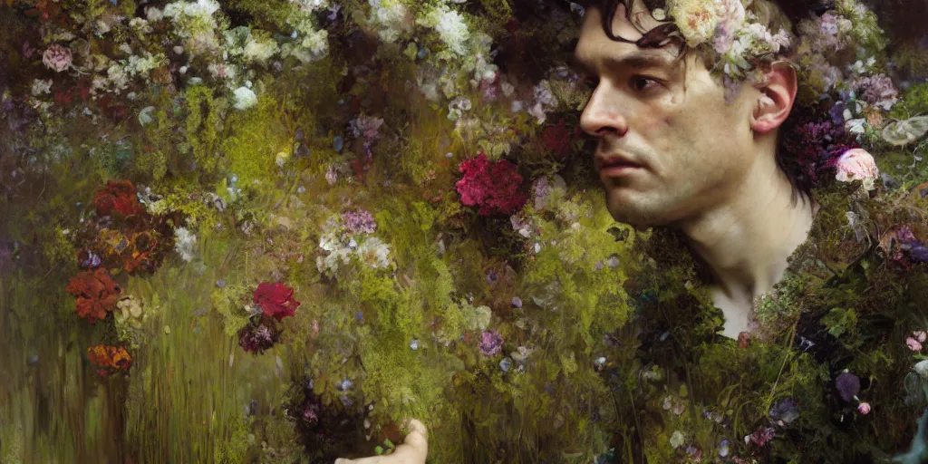 Image similar to hyperrealist portrait of a sad man covered in a dress of flowers, moss and fungi. by jeremy mann and alphonse mucha, fantasy art, photo realistic, dynamic lighting, artstation, poster, volumetric lighting, very detailed faces, 4 k, award winning