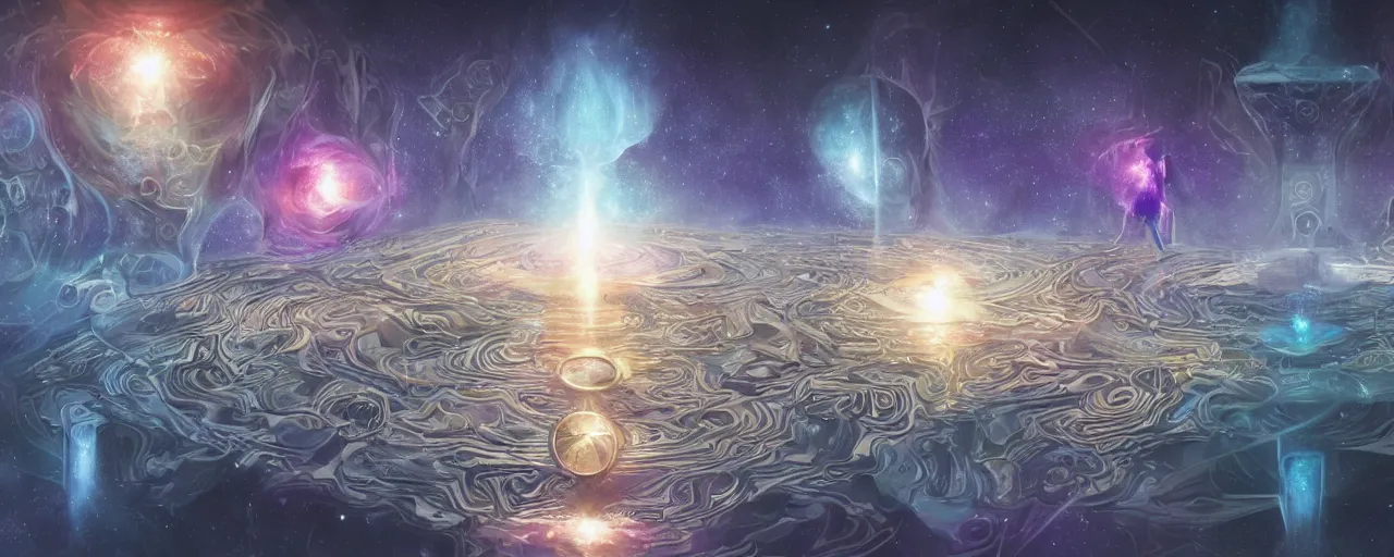 Image similar to void manifold, timeline nexus, ascending universes, shining nordic runes, galaxy worth of computation, an illustration of philosophical concept by cgsociety and james gurney