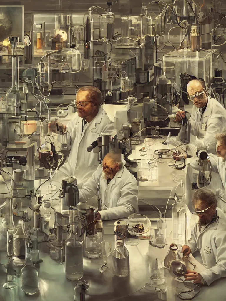 Image similar to a portrait of a scientists in the laboratory in a painting from stalenhag, 4 k, 8 k, hdr, artstation, concept art