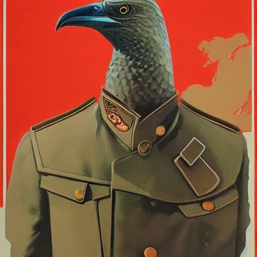 Image similar to a detailed and complex, highly detailed, concept art, soviet propaganda poster depicting a dromaius in military uniform. painting by irakli toidze,