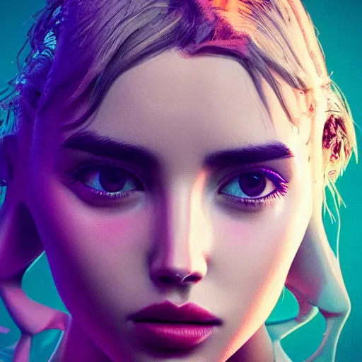 Image similar to ana de armas neon horns, detailed face, sharp focus, synthwave art, aesthetic, octane render, raw, cinematic