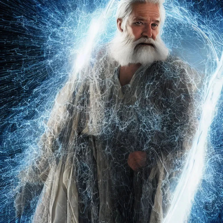 Image similar to high fashion photoshoot octane render portrait by wayne barlow and carlo crivelli and glenn fabry, a distinguished sci - fi futuristic handsome wizard with a long white beard wearing a clear plastic iridescent wizard robes and holding a magical adorable critter while standing inside a glowing ball of plasma energy inside a futuristic fantasy tower, very short depth of field, bokeh