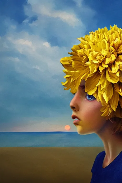 Image similar to closeup girl with huge yellow dahlia flower face, on the beach, surreal photography, blue sky, sunrise, dramatic light, impressionist painting, digital painting, artstation, simon stalenhag