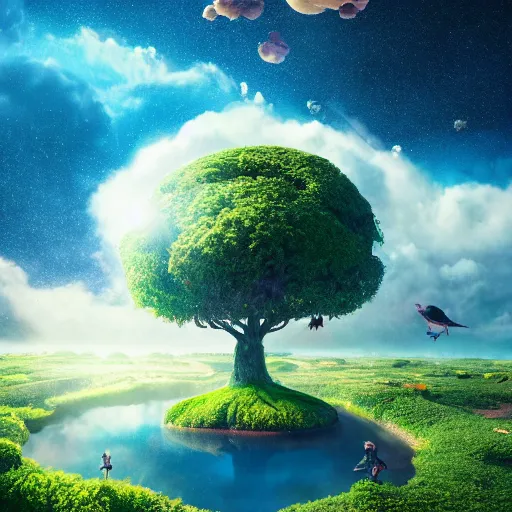 Prompt: earth upside down, cloud houses, trees floating in sky, birds walking, animals flying,, 3 d render, illustrated, incredible details, highly detailed, colorful, photorealistic, disney pixar, octane render, iridescent, anime, 8 k