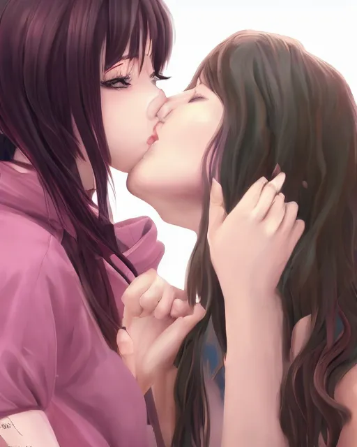 Image similar to portrait of a girl kissing another girl on the neck, anime, trending on Artstation