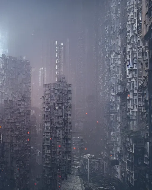 Prompt: poor buildings, hong kong buildings, kowloon, slums, night, cyberpunk, fog, rain, dramatic lighting, depressing, dystopia, trending on Artstation, 8k, highly realistic, hyper detailed, unreal engine 5, IMAX quality, realistic, cinematic, epic lighting, realistic, Matte Painting, masterpiece,