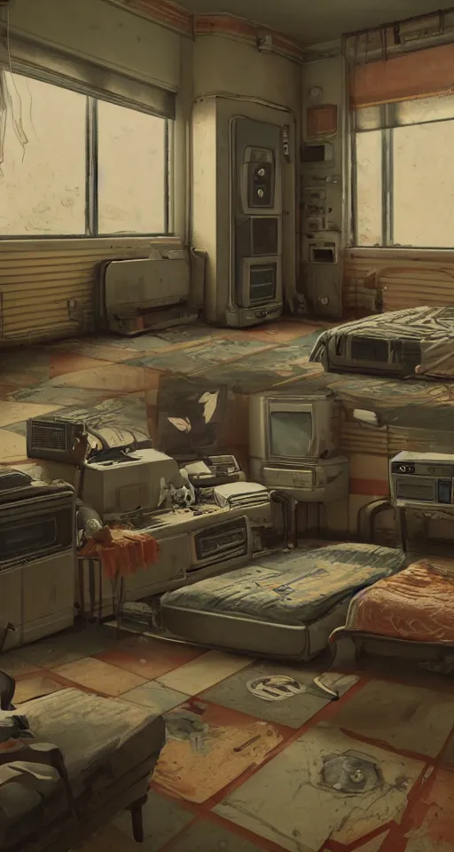 Prompt: artstation scifi scene of a shabby american room in 1 9 7 0 s, shabby room, old tv, tile floor, cabinets, cot, paneled walls, unreal engine 5, hyper realism, realistic shading, cinematic composition, blender render, octane render, hdr, detailed textures, photorealistic, wide shot