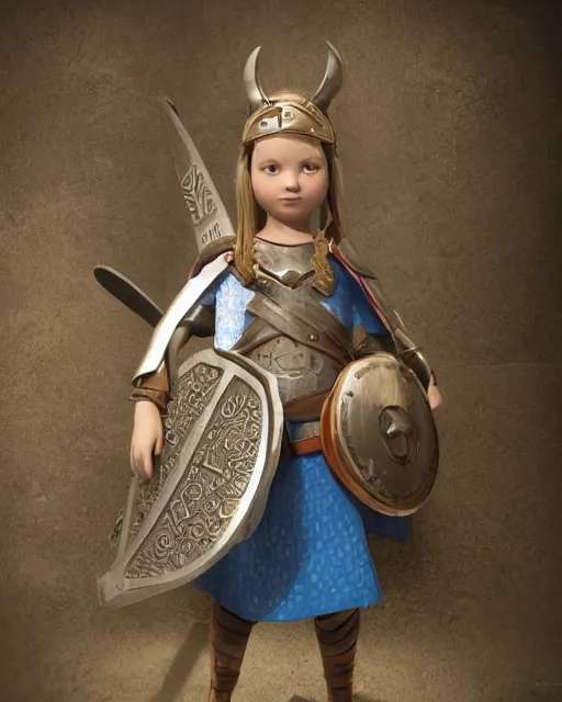 Image similar to a toy of a viking girl with her shield raised to defend, pixar style, authentic viking armor, historically accurate, clean detail, symmetrical, octane render, studio lighting