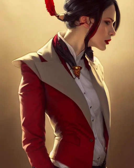 Prompt: female vampire, gold waistcoat, red shirt, grey hair, red necktie, cinematic, stunning, highly detailed, digital painting, artstation, smooth, hard focus, full body shot, illustration, art by artgerm and greg rutkowski and alphonse mucha