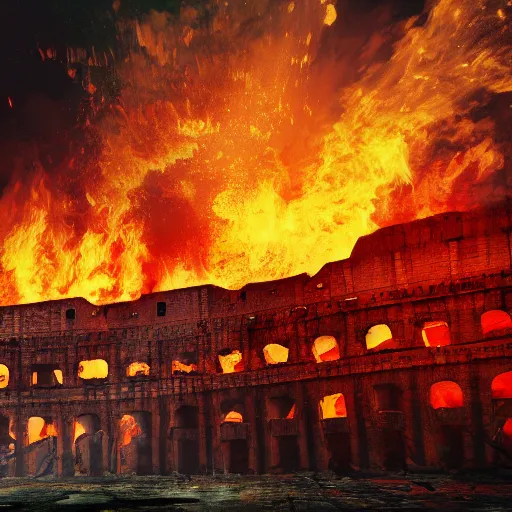 Image similar to Painting of the great fire of rome, abstract, realism, 8k, detailed, terror, octane render, 3d render, complex, emotion