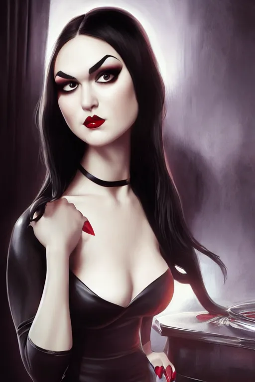 Prompt: portrait of sasha grey as morticia addams, made by caravaggio stanley artgerm lau wlop rossdraws artstation cgsociety concept art cgsociety octane render