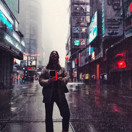 Prompt: taking a selfie on the streets of a cyberpunk city, on a rainy day