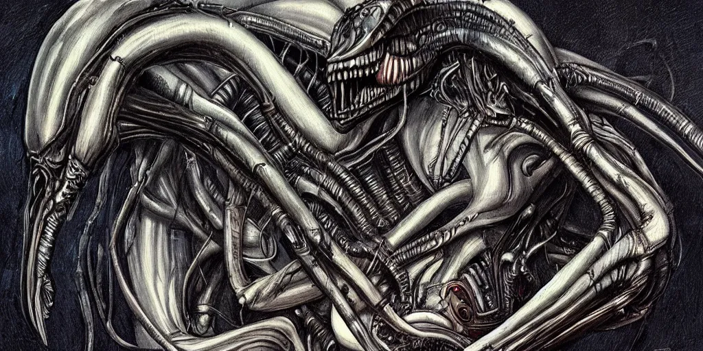 Prompt: “painting of xenomorph in the style of HR Giger, movie scene from Aliens movie