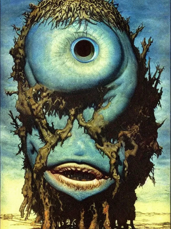 Image similar to one-eyed single-eyed blue-skinned big Cyclops Polyphemus concept art with one huge eye. Extremely high detail, details, realistic, solo, masterpiece, colorful, art by Arthur Rackham, Muzinabu, Johann Tischbein, Zdzisław Beksiński