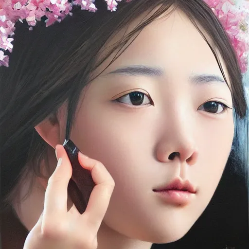 Image similar to perfect, realistic oil painting of close-up japanese girl face, by Sakimichan, by an American professional senior artist, Hollywood concept, dynamic composition and motion, postproduction.