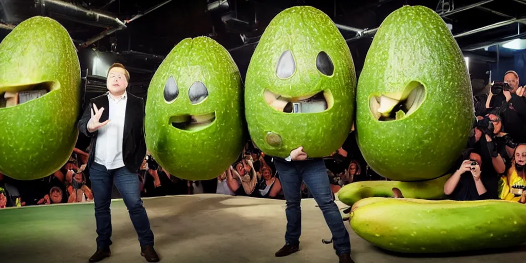 Image similar to elon musk inside of a giant avacado, realistic, elon musk in an avacado, cinematic photogtaphy, fruit celebrity, avacado dream, elon musk dreams of sitting inside of avacados, avacado chairs, avacado halloween costumes, in a boxing ring, photography, high quality, soft lighting, lensr flare