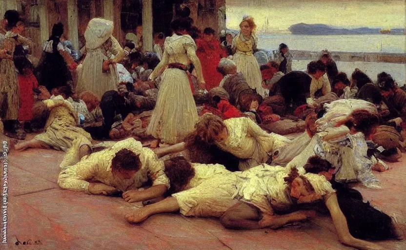 Prompt: high quality high detail painting by ilya repin, people crawling on the floor, hd