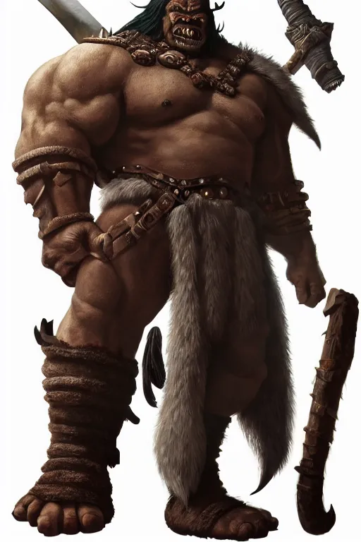 Image similar to orc barbarian wearing leather armor, full body shot, exquisite details, earth magic, mid view, design on a white background, by karl kopinski, james gurney, rockwell, studio muti, greg rutkowski, makoto shinkai, takashi takeuchi, studio ghibli