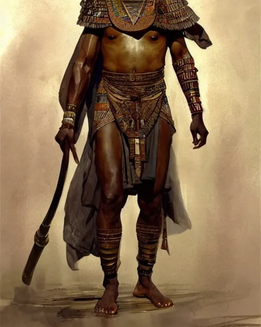 Prompt: concept art by anders zorn and craig mullins depicting djimon hounsou as a tall and very lean temple guard dressed in ancient egyptian decorative armor, flowing robes, harem pants, and leather strapped sandals