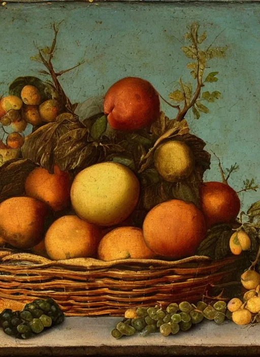 Image similar to a 1 6 th century oil painting of a fruit in a basket beside a tree. high quality scan