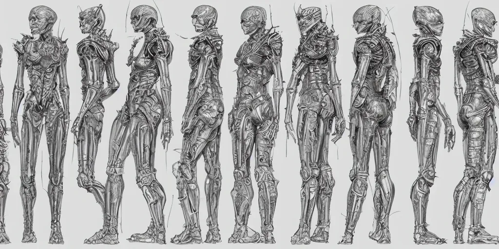 Image similar to highly detailed character sheet, technical drawing, side view, human game protagonist designs, side - scrolling 2 d platformer, art by h. r. giger, kim jung gi and jonathan wayshak