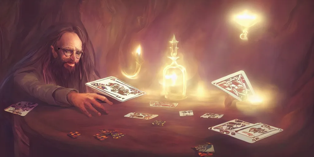 Image similar to wizard shuffling cards, cardistry, fantasy, digital art, soft lighting, concept art, 8 k