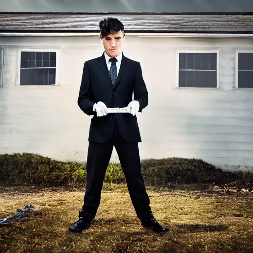 Image similar to man in strict suit, one man, an indifferent face, house on background, bloody knife, blood on body, full body, little fog, evening, extremely detailed, sharp focus, professional photographer, professional model