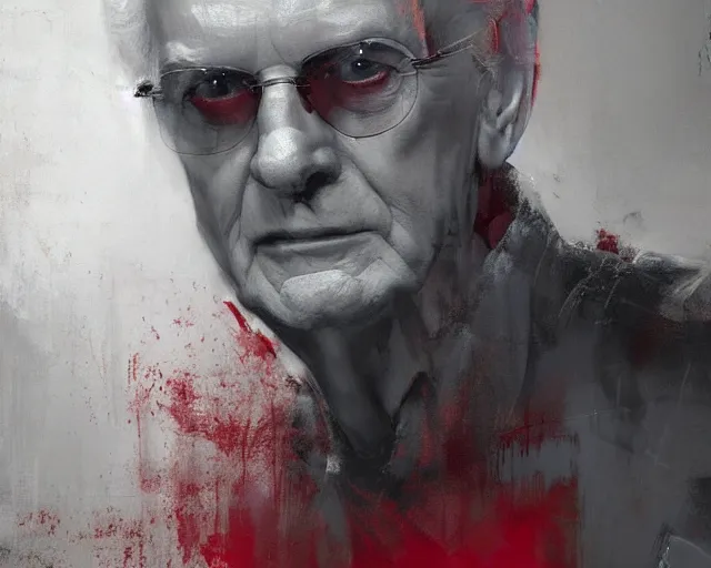 Image similar to portrait of palpatine ian mcdiarmid in shades of grey but with red by jeremy mann