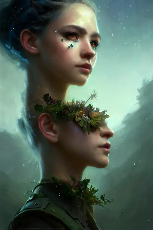 Image similar to cinematic shot of an epic portrait of a fairy dressed in military clothes, shiny skin, beautiful eyes, beautiful, small details, night setting, realistic poster with volumetric light from craig mallism, artgerm, jeremy lipkin and michael garmash, unreal engine, radiant light, detailed and complex environment, digital art, trends at art station, a masterpiece