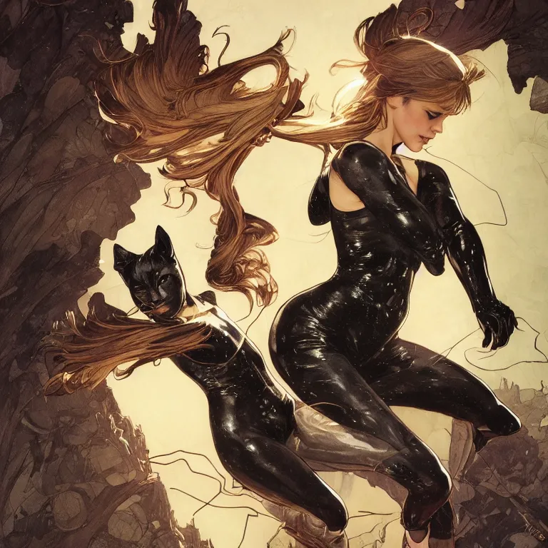 Image similar to Erin Moriarty as Cat Woman, highly detailed, digital painting, artstation, concept art, smooth, sharp focus, illustration, ArtStation, art by artgerm and greg rutkowski and alphonse mucha and J. C. Leyendecker and Edmund Blair Leighton and Katsuhiro Otomo and Geof Darrow and Phil hale and Ashley wood and Ilya repin and Charlie Bowater